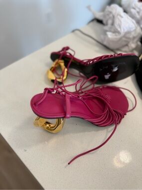 JW ANDERSON Fuchsia Lace-Up Sandals with Gold Sculptural Heel